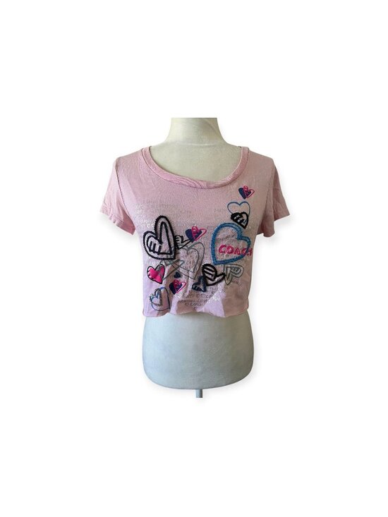 Coach Tops - Vintage Coach Poppy Pink Heart Graphic Crop T-Shirt Womens S Rare Y2K Graffiti